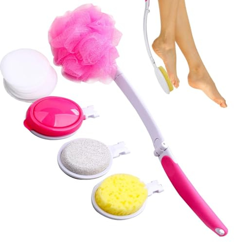 Duschschwammbürsten-Set mit langem Griff, Rückenbürste mit langem Griff, faltbar, rutschfest, Badebürsten-Set für Dusche mit 4 Bürstenköpfen für Männer und Frauen