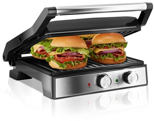KEINVE Kontaktgrill, Elektrogrill, Sandwichtoaster, Fettarmes Grillen, Panini, Toasts, Steak, Gemüse, Antihaftbeschichtete Grillplatten, 2000W, 35x13x32, Edelstahl/Schwarz