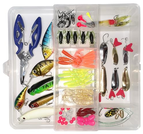 Huracan 85 Stück Angelzubehör Angel köder Set mit Köderbox, Hecht köder barsch, Wobbler Forelle Kurbel mit Dreifachhaken und Rollende Angelwirbel, raubfisch fischköder Kunstköder Lachs Döbel Forelle