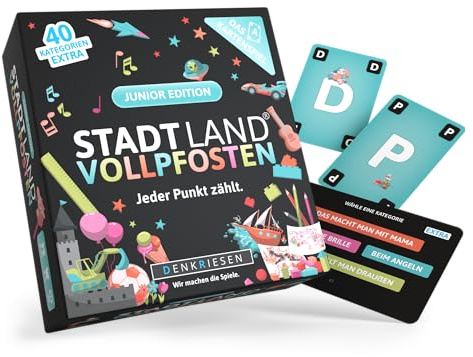 DENKRIESEN Stadt Land Vollpfosten® – Das Kartenspiel als Junior Edition | Gesellschaftsspiel für Familien | Kartenspiel ab 8 Jahren für 3-6 Spieler | Stadt Land Fluss mit 240 Kategorien
