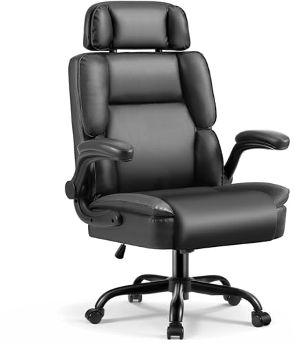 Avocahom Comfy Office Chair with Adjustable Headrest,Executive Leather Desk Chair with Lumbar Support,Rocking Function,Ergonomic Gaming Computer Chair Having Flip Up Arms, Black