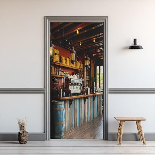 Türtapete 95 x 200 cm 3D Kleine Bar, Türaufkleber Selbstklebend Bar Counter Vintage, Türfolie Türposter Folie für Schlafzimmer Wohnzimmer Tür verschönern Deko
