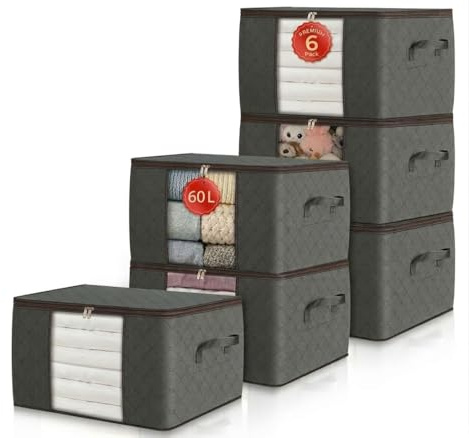 JK QUADRAT® Aufbewahrungstasche 6er Set 54×35×30 cm – Premium Kleideraufbewahrung für Kleidung, Decken– Robuster Stoff, stabiles Sichtfenster & starker Reißverschluss - schrank organizer - boxen