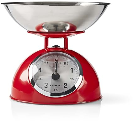 Melissa Mechanische Küchenwaage, Analog mit Edelstahlschüssel, Küchenwaage Digital, Waage Küche, Küchenwage, Küchenwaagen 5kg Kapazität, 25g Skalierung, Rot, Abnehmbare Schale, Metallgehäuse