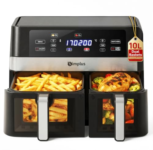 SIMPLUS Friteuse à Air Double Panier 10L, 1800W, Écran Tactile LCD, 11 Programmes, Fenêtre Visible, Four à Air Chaud avec Micro-Vapeur, Noir