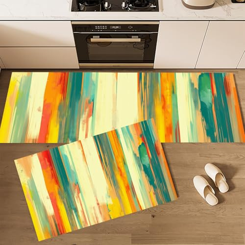 Rayas Verticales Alfombra de Cocina Antideslizante Alfombra de Cocinas, Fondo Abstracto Durable Anti-Fatiga Corredor de Pasillo para Cocinas Lavable de Cocina,45x75+45x150cm