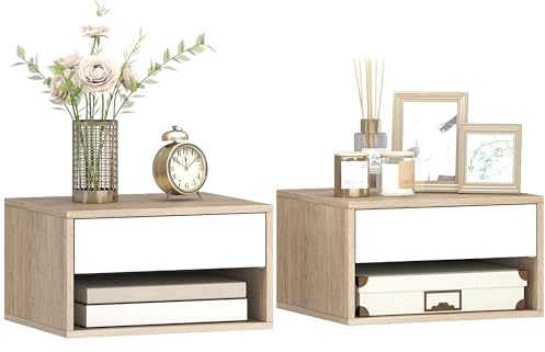 HOMCOM Lot de 2 Tables de Chevet murales, Tables de Nuit suspendues avec tiroir Coulissant, Compartiment Ouvert, Plateau, Style Moderne, 37 x 32 x 21 cm, Bois Naturel et Blanc