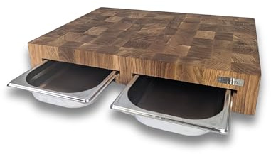 Premium Stirnholz Schneidebrett Eiche 46x34x7,5 cm mit 2 Edelstahl-Auffangschalen – Massives Holzbrett mit Schubladen & Silikonfüßen – Handgefertigter Profi-Hackblock