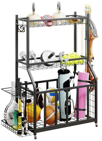 MUZERUL Sports Equipment Organizer, Yoga Mat Storage Racks,Heavy Duty Metal Gym Storage Rack for Ball Dumbbells Kettlebells,Golf Accessories Stand With Hooks and Wheels for Home Gym Storage Garage
