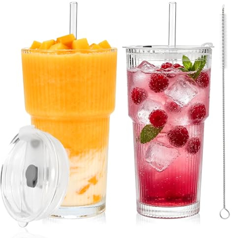 UAYNFY Lot de 2 gobelets de cuisine en verre à motifs verticaux de 500 ml avec couvercle et paille, design hermétique et étanche, verres avec couvercle, parfaits comme café, smoothies, cocktails