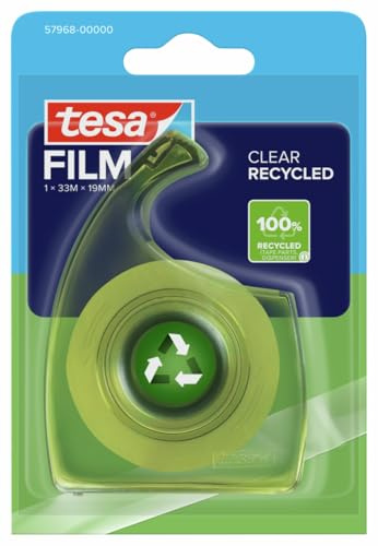 tesafilm Clear Recycled Klebeband - 33 m x 19 mm - 1 Rolle mit Abroller | Klebebandspender im Set mit Klebefilm - reißfeste und klebestarke Klebefilmrolle - lösungsmittelfrei und alterungsbeständig