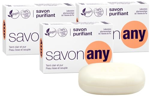 SORIFA - Lot de 3 – Savon purifiant ANY – Visage et corps – Hygiène quotidienne - Peaux à problèmes – Peaux pigmentées – Base lavante 100% végétale - Sans parfum - Pain 100 gr.