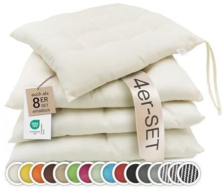 ZOLLNER 4er Set Sitzkissen in 40x40cm - gemütliche Stuhlkissen mit Bindebänder - waschbar bis 30°C - in Creme - Oeko Tex® Zertifiziert