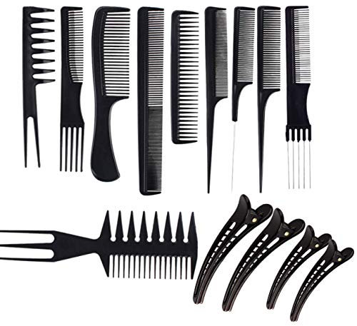 JZK 10 x Pettini antistatici diversi set pettini professionali per parrucchieri parrucchiera + 4 x fermagli per capelli, pettine professionale per capelli barbiere acconciature, nero