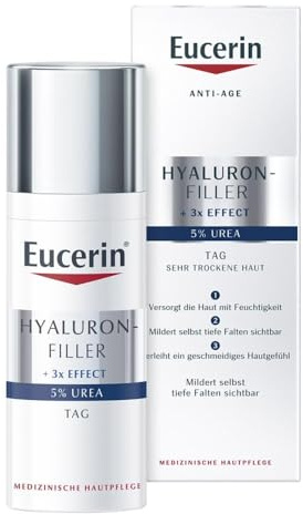 Eucerin Hyaluron-Filler + 3x Effect 5% Urea Tagespflege 50 ml, Gesichtscreme reduziert trockene Falten, feuchtigkeitsspendende Tagescreme mit Urea, und Hyaluronsäure