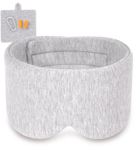 100% Modal Schlafmaske groß mit Ohrenschutz & Klettverschluss Hellgrau | für Männer und Frauen, ultraweich & stark verdunkelnd. Ideal für Seiten- und Bauchschläfer. Perfekt für Reise und Nickerchen