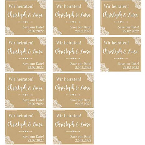 Herz & Heim® Kühlschrankmagnete 10 Stück - Save the Date - Bedruckt mit Namen und Datum Vintage