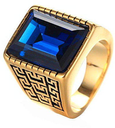 HIJONES Herren Gold Ton Graviert Edelstahl Ringe mit Juwel Stein Blau Größe 62
