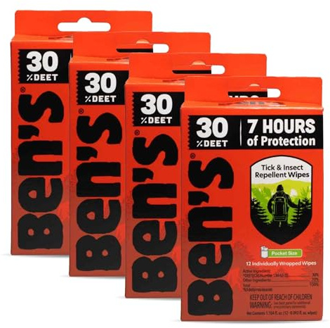 Ben's Tick & Insect Repellent Wipes - 30% DEET for Mosquitoes, Ticks & More - Up to 7 Hours of Protection - Alcohol- & Fragrance-Free - 12 Wipes (4 Pack)