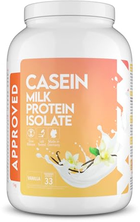 WFN Approved Casein - Vainilla - 1 kg - Proteína de caseína con lactasa - Proteína cremosa en polvo - Muy soluble - 33 porciones - Fabricado en Alemania - Probado en laboratorio externo
