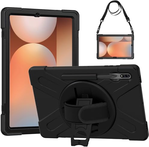 Gerutek Hülle für Samsung Galaxy Tab S10+/S9 FE+/S9+/S8+/S7+ 12,4, Schwarz | Für Tab S7 FE 12,4 Stoßfeste Robust Schutzhülle , 360° Drehbar Stände, Stifthalter,Handschlaufe Schultergurt