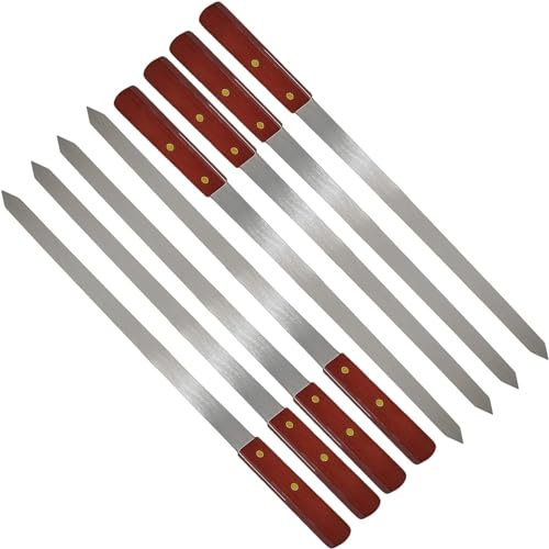 SDMAX Long BBQ Barbecue Skewers Wooden Handle, Grilling Kebab Flat Reusable Skewers, Metal Skewer Sticks for BBQ, Cocktail, Shish Kabab, Party Essentials, 58CM Long (Pack of 8)