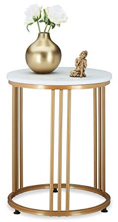 Relaxdays Beistelltisch MARMO, für Wohnzimmer, Metall & MDF, Marmoroptik, runder Sofatisch HxD: 51 x 41 cm, weiß/Gold