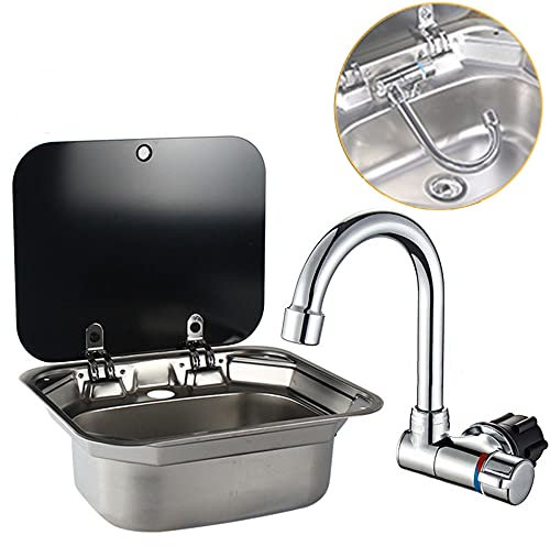 Single Bowl RV Hand Wash Rectangular Basin Sink with Lid for Fit for Compatible with RV Caravan Camper Kitchen Stainless Steel Sink 16.5” x 14.3” x 6.3” (with Faucet U)
