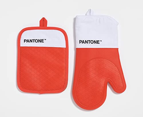 Pantone™ – Juego de Cocina Compuesto por Guante de Horno + agarrador, de algodón con Agarre Antideslizante de Silicona – Útiles Accesorios de Cocina Resistentes al Calor hasta 250 °C – Blanco/Rojo