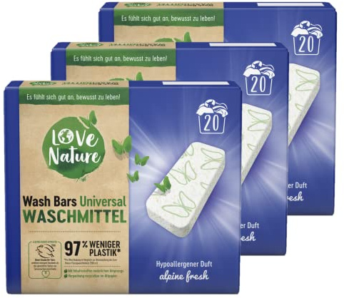 Love Nature Wash Bars Universal Waschmittel, 60 (3 x 20) Waschladungen, vordosiert und mit nachhaltiger Verpackung, kompakte Waschkraft mit Inhaltsstoffen natürlichen Ursprungs