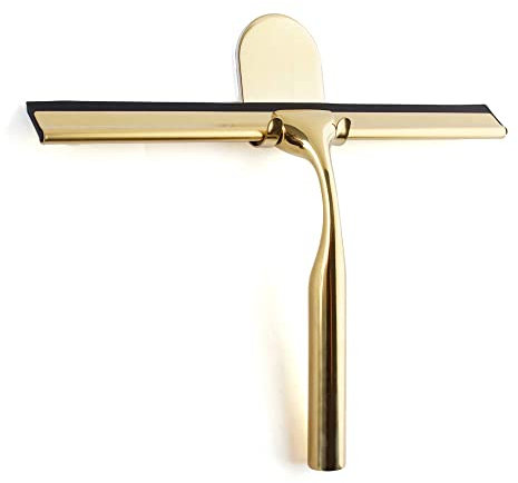 Rasqueta limpiacristales de Acero Inoxidable Dorado, Extractor de Cristal Ancho para Ducha [9,8''], Silicona de Calidad, con Soporte sin Taladrar, para Ducha, Baño