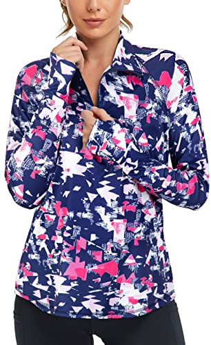 Womens Half Zip Pullover,Cucuchy Sun Protection Long Sleeve Workout Shirts 1/4 Zip Jackets Jumping Yoga Lightweight Winter Tops for Leggings Geometry Blue L