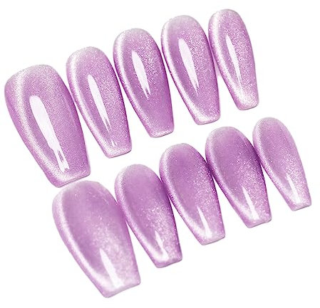 Sun&Beam Nails Handgefertigte Kunstnägel Mittel Lang Sargform Ballerina Nägel zum Aufkleben in Lila Magnetisches Einfarbig Glänzend Design mit Klebepads 10 Stück (#085 M)