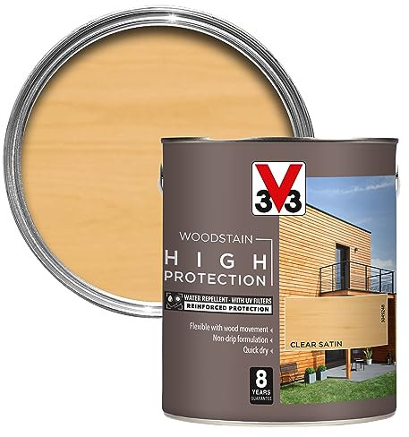 V33 High Protection Woodstain - 8-Year Guarantee - UV Filters - Water-Repellent - Quick-Drying - Only 2 Coats - Clear 2.5 litres