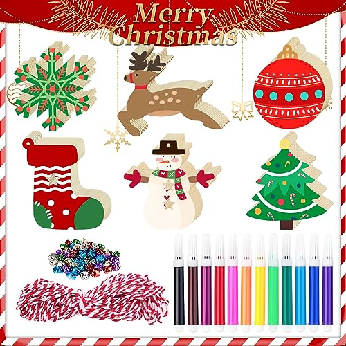 Set di 48 palline da appendere per albero di Natale, rotonde, vuote, con spago, campane colorate, penne ad acquerello, decorazioni natalizie da appendere per albero di Natale, decorazioni fai da te