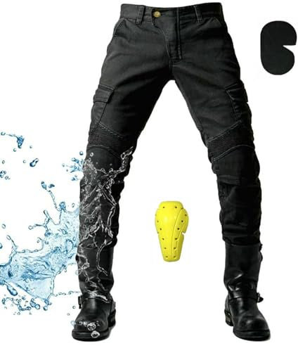 Gebin Wasserdichte Motorradhose Herren mit Protektoren, Jeans mit Oberschenkeltaschen (Schwarz, XL)