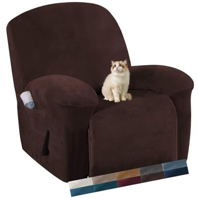 HonunG Samt Relaxsessel Sesselbezug 4-Teiliges Set,Soft Velvet Plush Couchbezug,Elastisch Sessel überzug mit Seitentasche 1 Sitzer, Stretch Sofaschoner Sesselhusse (Braun)
