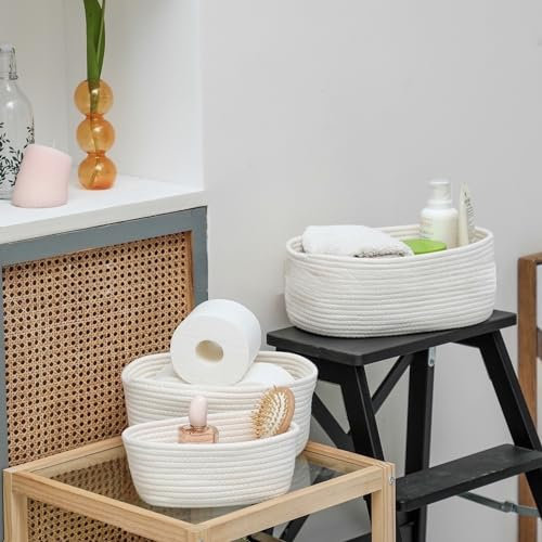 RHP 3-teiliges Aufbewahrungskorb-Set I Aufbewahrungsbox Organizer Kiste Box Korb Aufbewahrung Dekobox Dekokorb Dekoration – geflochtene Rattan-Optik – für Badezimmer Wohnzimmer Kinderzimmer (Weiß)