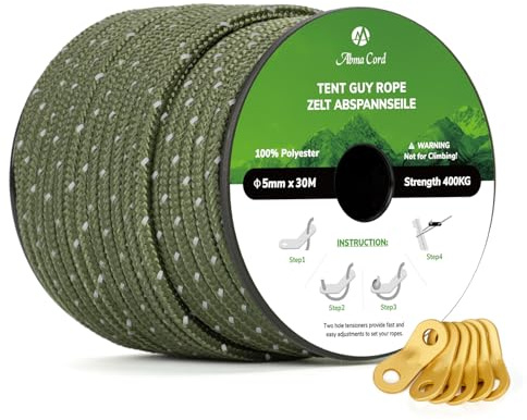 Abma Cord Campingrep Tältspännlinor 5mm 30M med 6 St Campingsladdspännare Tält Guide Rep för Camping, Tent, Markis, Gazebo - Reflekterande Armégrön