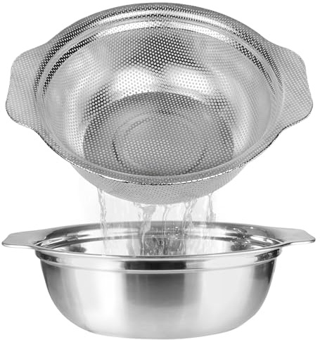 POPGRADE Stainless Steel Colander for Kitchen, 2.5QT Rice Washer Strainer with Mixing Bowl, Colander Bowl Set with Microporous for Washing Rice, Pasta, Spaghetti, Fruits, Dishwasher Safe(2PC)