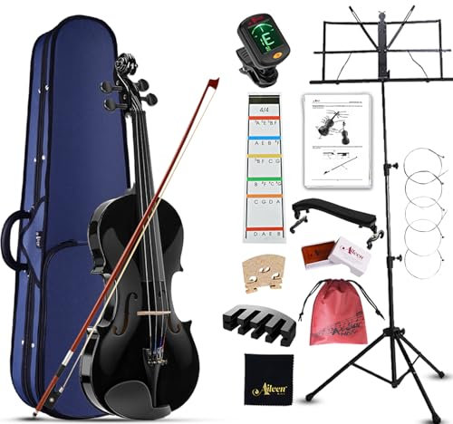 Aileen Geige 4/4 für Erwachsene Anfänger, Violine Set für Kinder ab 12 Jahre, Teenager Schwarze Geige Einsteiger Kit Vollständig mit 13 Zubehör, Notenständer, Exklusive Neue Griffbrett Aufkleber