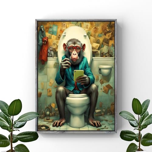 Gifts and Temptations Impression murale de salle de bain en forme de babouin, décoration insolite avec un singe sur une toilette, couleurs vives décoration de salle de bain