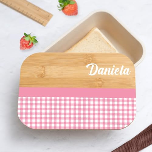Transparent Gift Fiambrera con Tapa de Madera Infantil Personalizada con Nombre Cuadros. Fiambreras para Niños y Niñas en Excursión, Colegio y Guardería. Caja Almuerzo, Merienda para la Vuelta al Cole