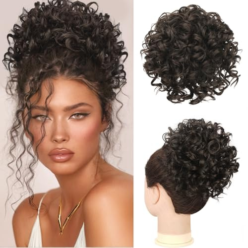 RUWISS Messy Bun Kurze Lockige Pferdeschwanzverlängerung Elastischer Kordelzug Lose Haare Bun Haarteile für Frauen Updo Haarverlängerung (80g 4#)