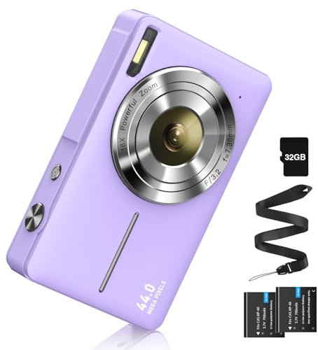 Digitalkamera Fotoapparat 44MP FHD 1080p Fotokamera mit 32G Karte Digital Kamera mit Batterie Einfache Tragbare 16X Digitalzoom Digitalkamera für Kinder Teenager Student Senioren Anfänger(Lila)