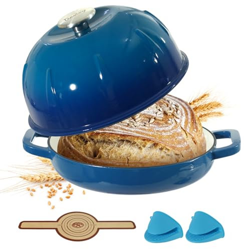 Davivy Sartén de hierro fundido de 10 pulgadas con tapa, horno holandés de 5 cuartos para masa madre, horno de pan de hierro fundido con tapa, azul océano
