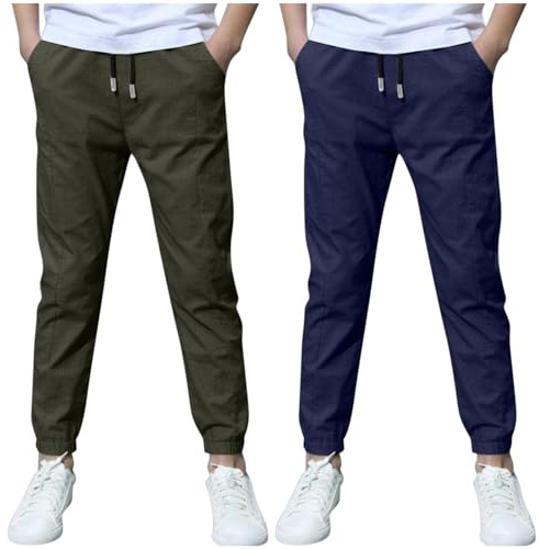 KODMNSW 2er Pack Hosen Jungen Baumwolle Leinen Hose Dünn Sommerhose Robust Arbeitshose Leinenhose Haremshose Einfarbig Outdoorhose Freizeithose Kleidung für Jungs 3-13 Jahre