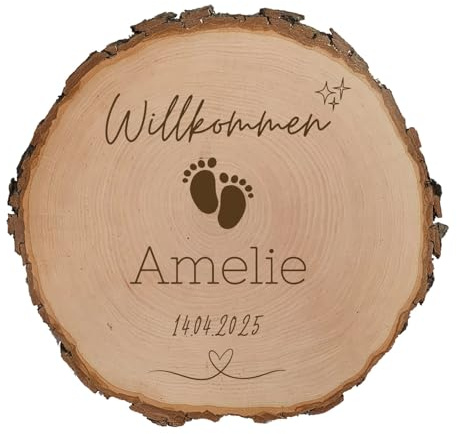 SNEG Personalisierte Baumscheibe „Willkommen Baby“ – Geschenk zur Geburt mit Namen & Geburtsdatum (ca. 24-27 cm Durchmesser)
