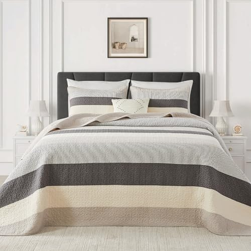FineStichery Oversized King Quilt Bedspread Coverlet 120x120, 100% Cotton Extra Large Quilt with Pillow Shams, Soft Yarn Dyed Striped Bedding Set, Gray/Khaki/Beige/Charcoal