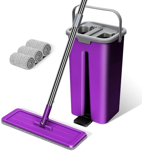 Masthome Wischmopp Set mit Eimer,Flacher Bodenwischer Set und Eimer,3 Mikrofaser Moppkopf, Putzeimer Set mit Edelstahl Griff,Wischer mit Auswringfunktion,Wischer Boden für Bodenreinigung